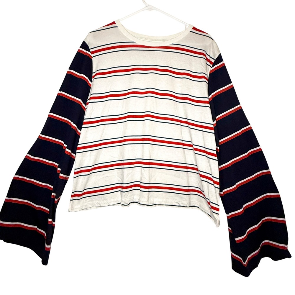 ASOS Women's 14 Striped Bell Sleeve Top Red White Navy 100% Cotton
